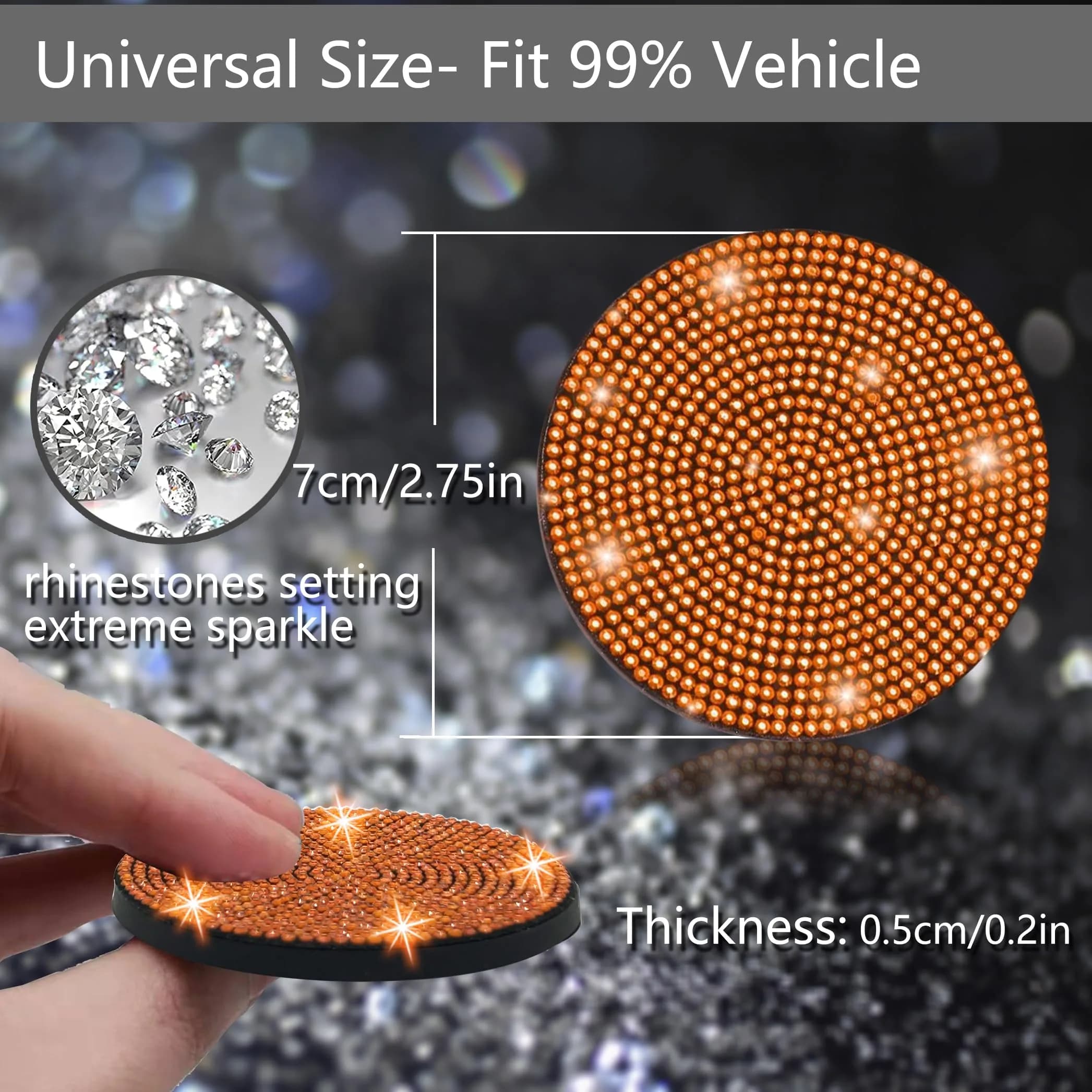 NBTEPEM 2pcs Bling Car Cup Holder Coasters - Orange, 2.75 inch Sparkle & Protect - view 2
