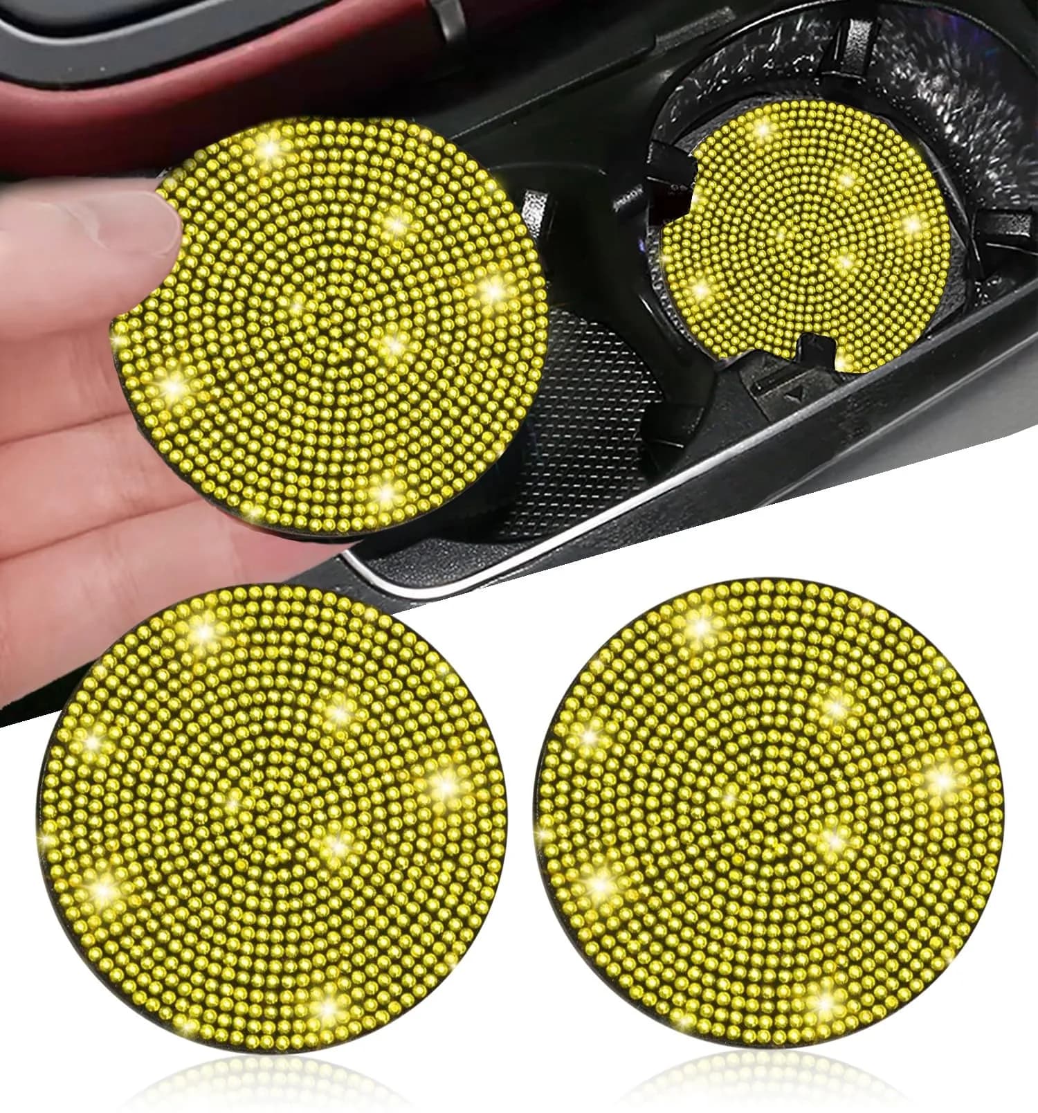 NBTEPEM Bling Car Cup Holder Coasters - 2.75 inch, 2 Pcs, Yellow Sparkle - main product image