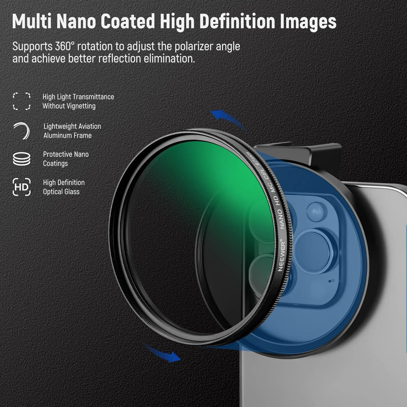 NEEWER 67mm CPL Filter with Cold Shoe Phone Clip | Reduces Reflections for Vivid Photos - view 4