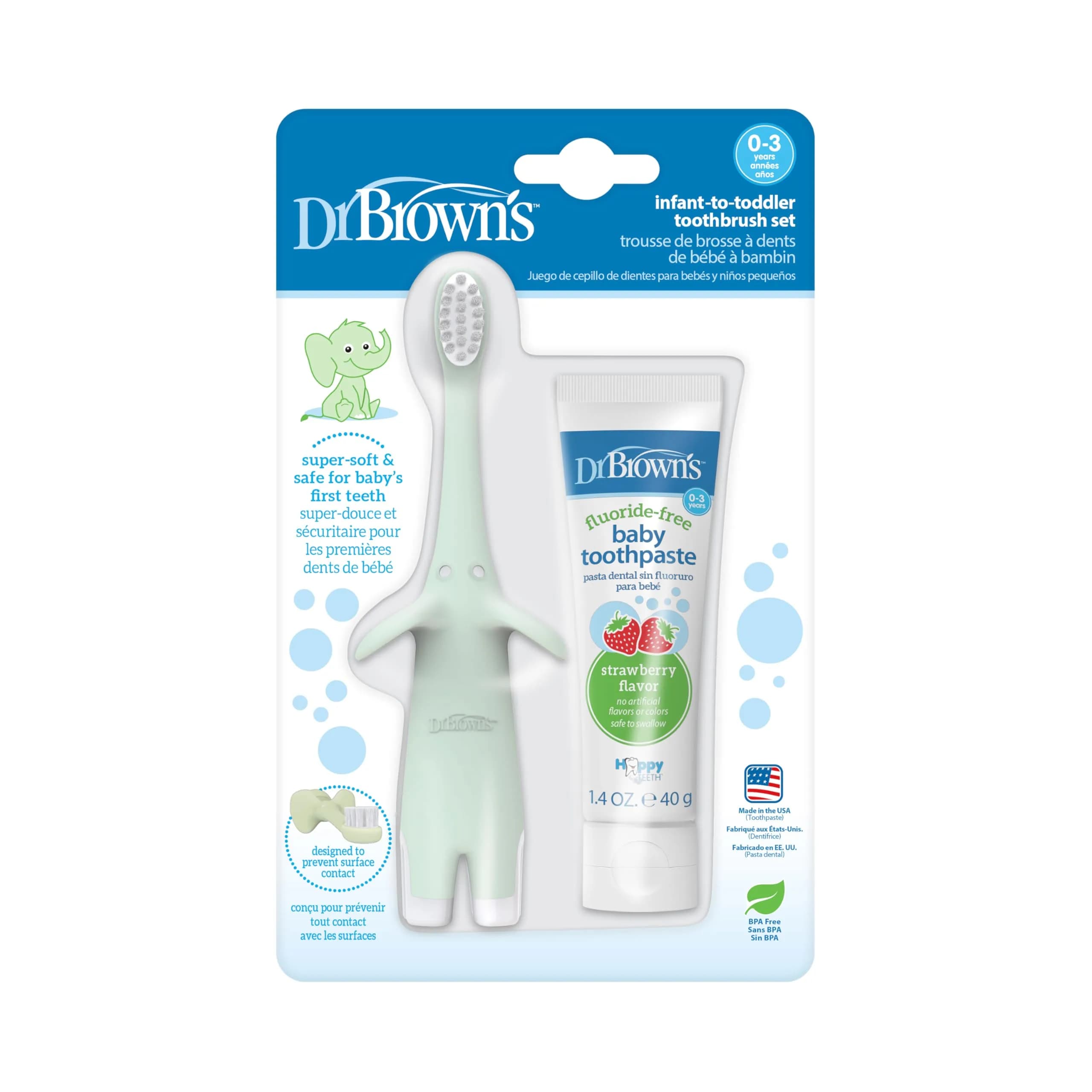 Dr. Brown's Infant-to-Toddler Toothbrush and Toothpaste Set, Mint Elephant | BPA-Free & Fluoride-Free Oral Care for Ages 0-3
