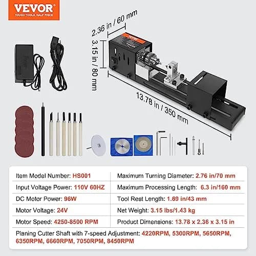 VEVOR Mini Lathe Machine 2.76 in x 6.3 in | 7 Speeds for DIY Woodworking, 96W, 24VDC, Portable & Stable (70-120c) thumbnail 7