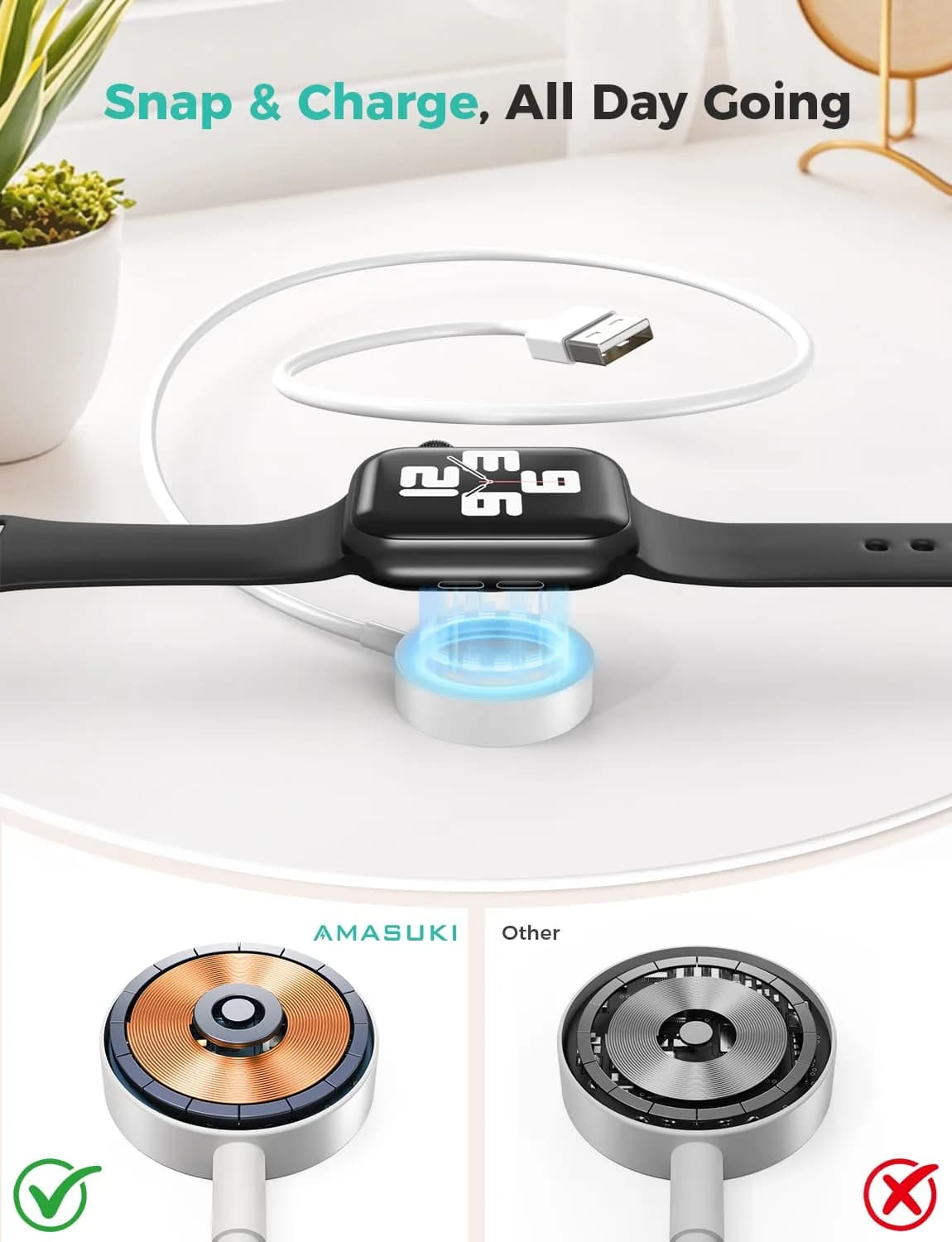 Amasuki Magnetic Charging Cable for Apple Watch, USB A Wireless Charger for iWatch Series 11/10/9/8/7/6/5/4/3/2 Ultra 3/2/SE (3.3FT, White) - view 2
