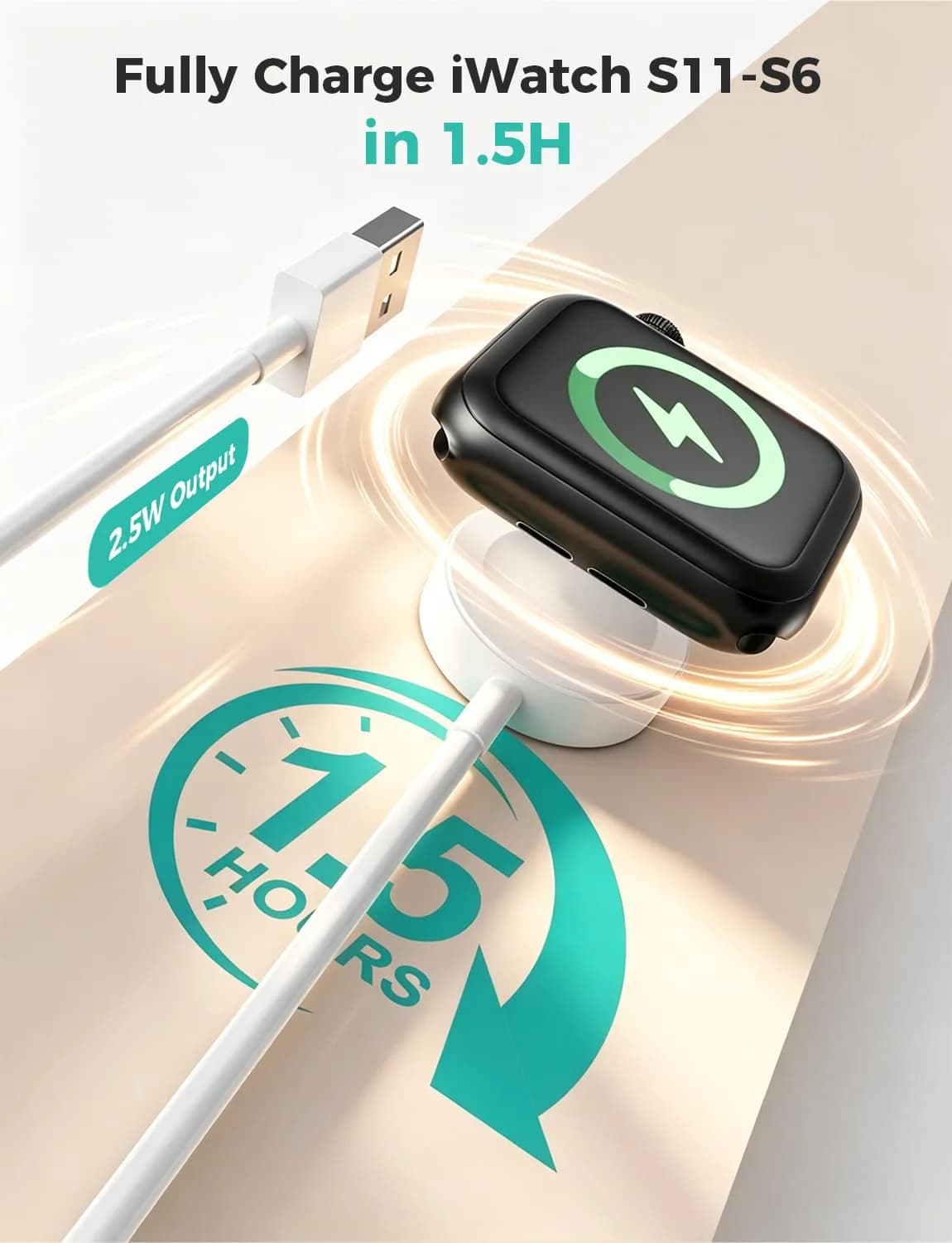 Amasuki Magnetic Charging Cable for Apple Watch, USB A Wireless Charger for iWatch Series 11/10/9/8/7/6/5/4/3/2 Ultra 3/2/SE (3.3FT, White) - view 4