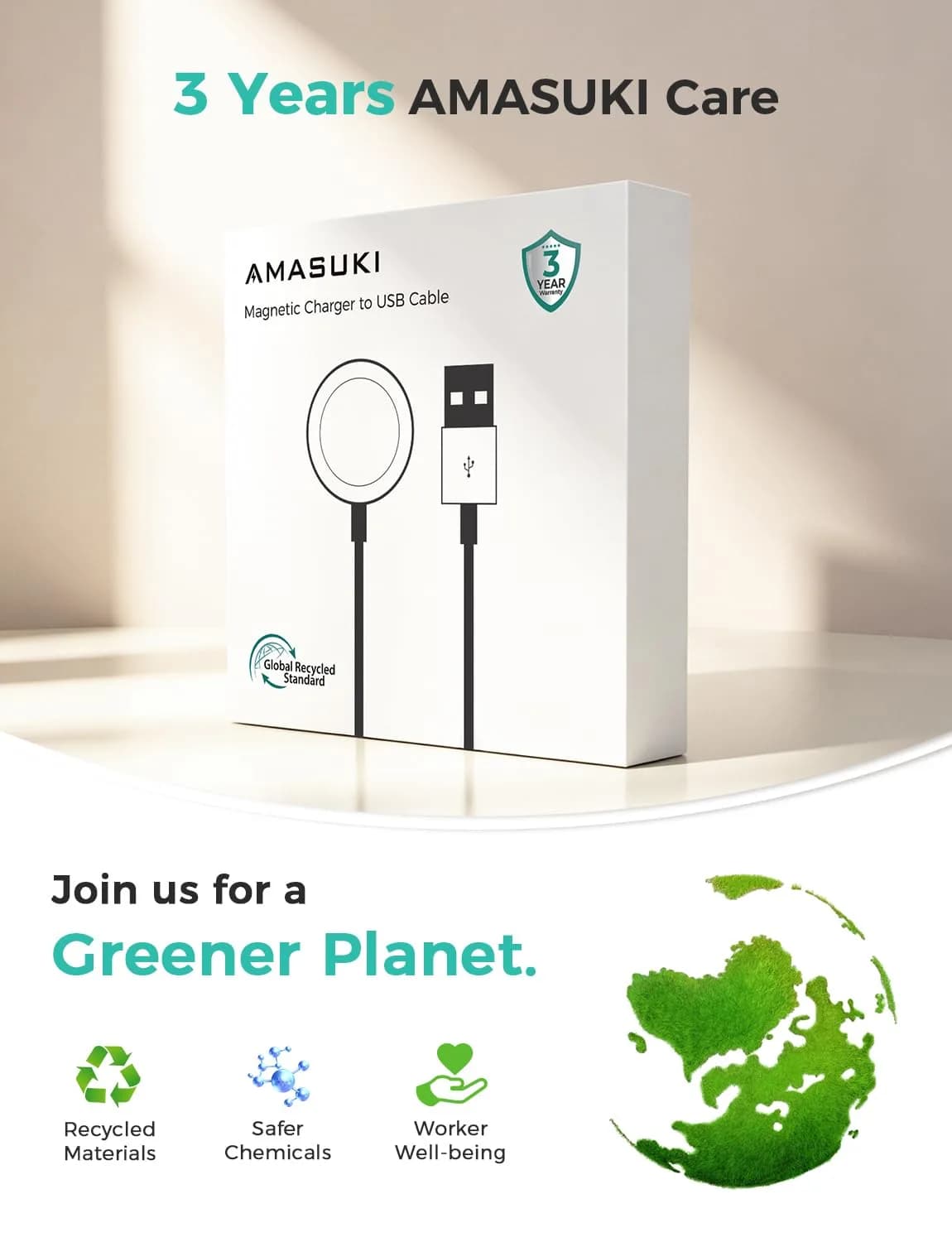 Amasuki Magnetic Charging Cable for Apple Watch, USB A Wireless Charger for iWatch Series 11/10/9/8/7/6/5/4/3/2 Ultra 3/2/SE (3.3FT, White) - view 5
