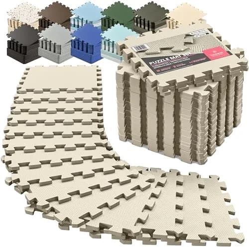 BeMaxx Interlocking EVA Foam Floor Tiles Workout Mat Set with Edge Pieces - 18 Tiles (18 sq ft), Warm Sand | Protects Floors from Scratches, Sweat & Noise — Warm Sand
