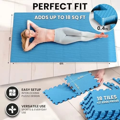 BeMaxx Interlocking EVA Foam Floor Tiles Workout Mat Set with Edge Pieces - 18 Tiles, 18 sq ft, Sky Blue | Protects Floors from Scratches, Noise & Sweat thumbnail 2