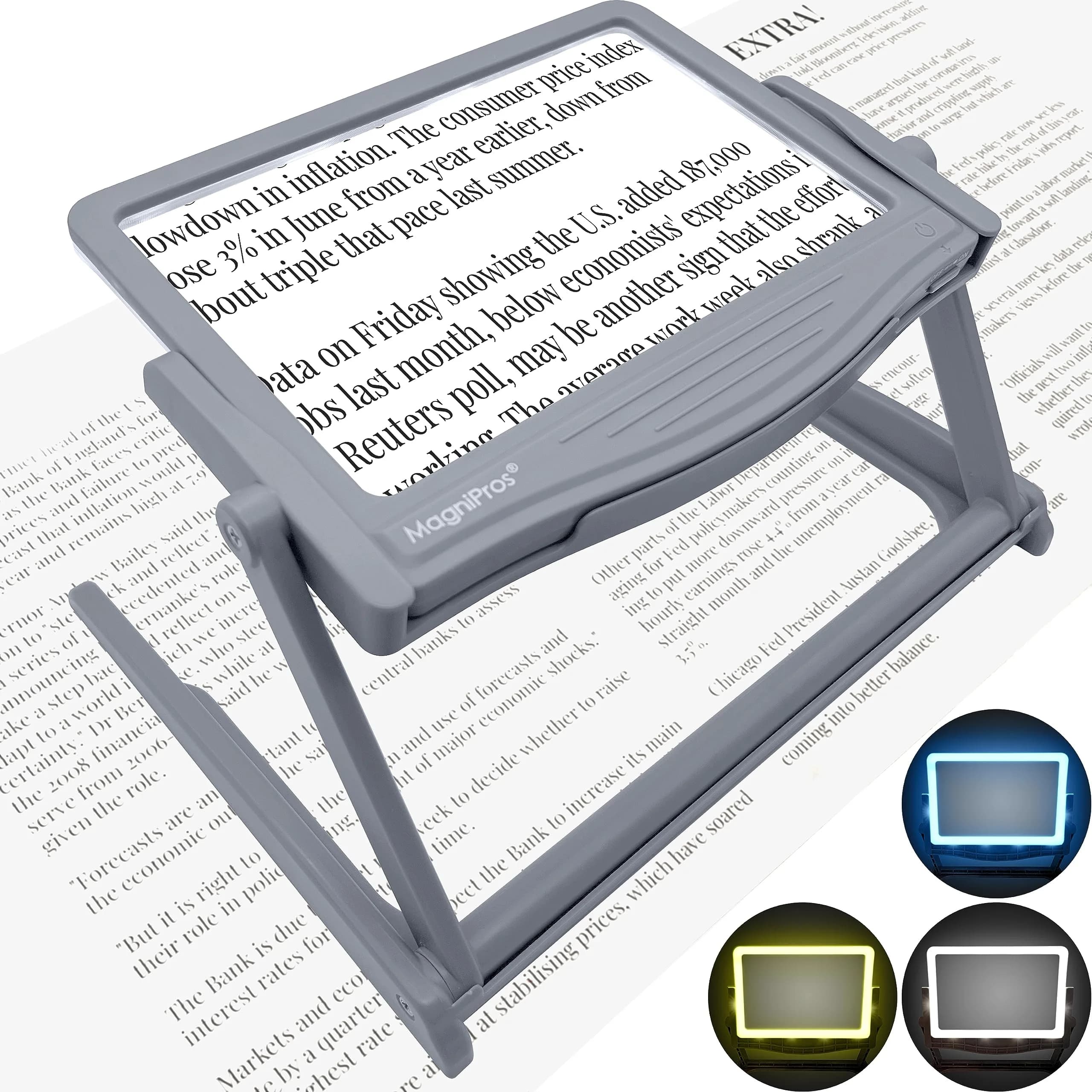 MagniPros 5X Large LED Page Magnifier with Stand 15.6 cm (6.14 in) | Eye-Caring Light Modes for Low Vision Seniors - main product image