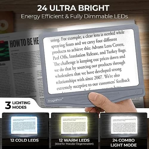 MagniPros 5X Large LED Page Magnifier with Stand 15.6 cm (6.14 in) | Eye-Caring Light Modes for Low Vision Seniors thumbnail 4