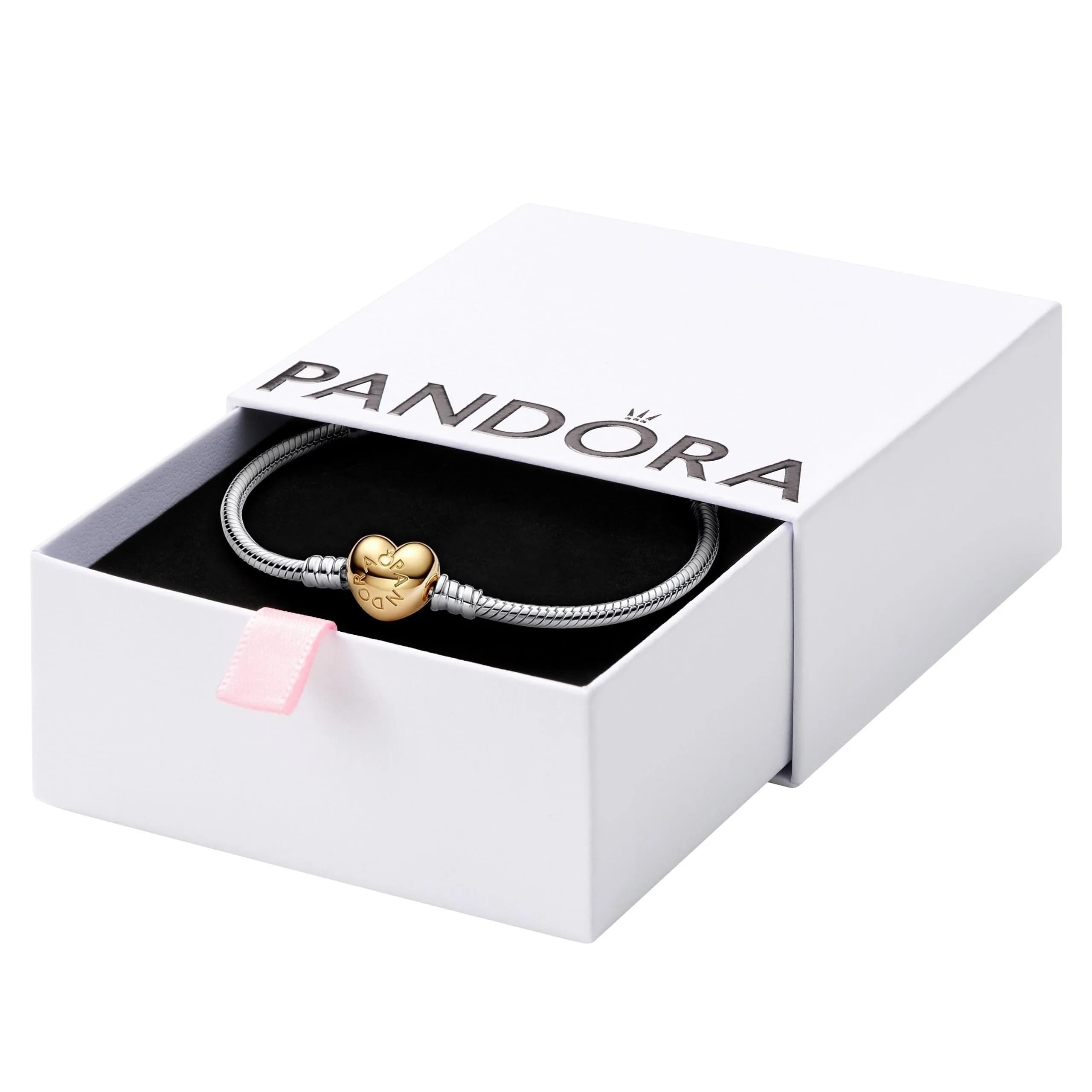 PANDORA Moments Engravable Heart Clasp Snake Chain Bracelet, 6.7" | Heart-shaped Clasp & 14k Gold Plated — Sterling Silver & Yellow Gold