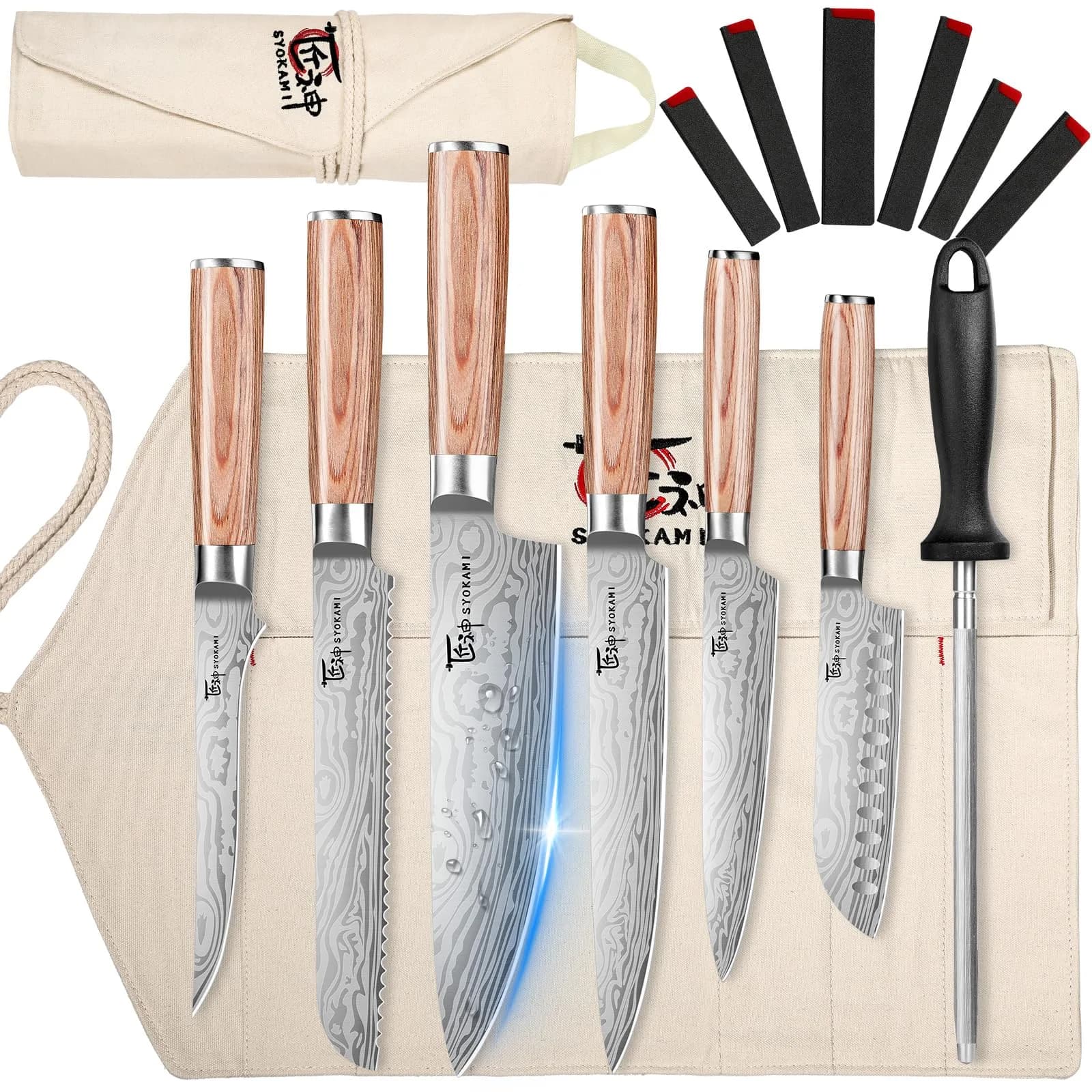 SYOKAMI 14pcs Chef Knife Set with Roll Bag | Japanese High Carbon Steel, Pakkawood Handles, Travel & Outdoor Ready