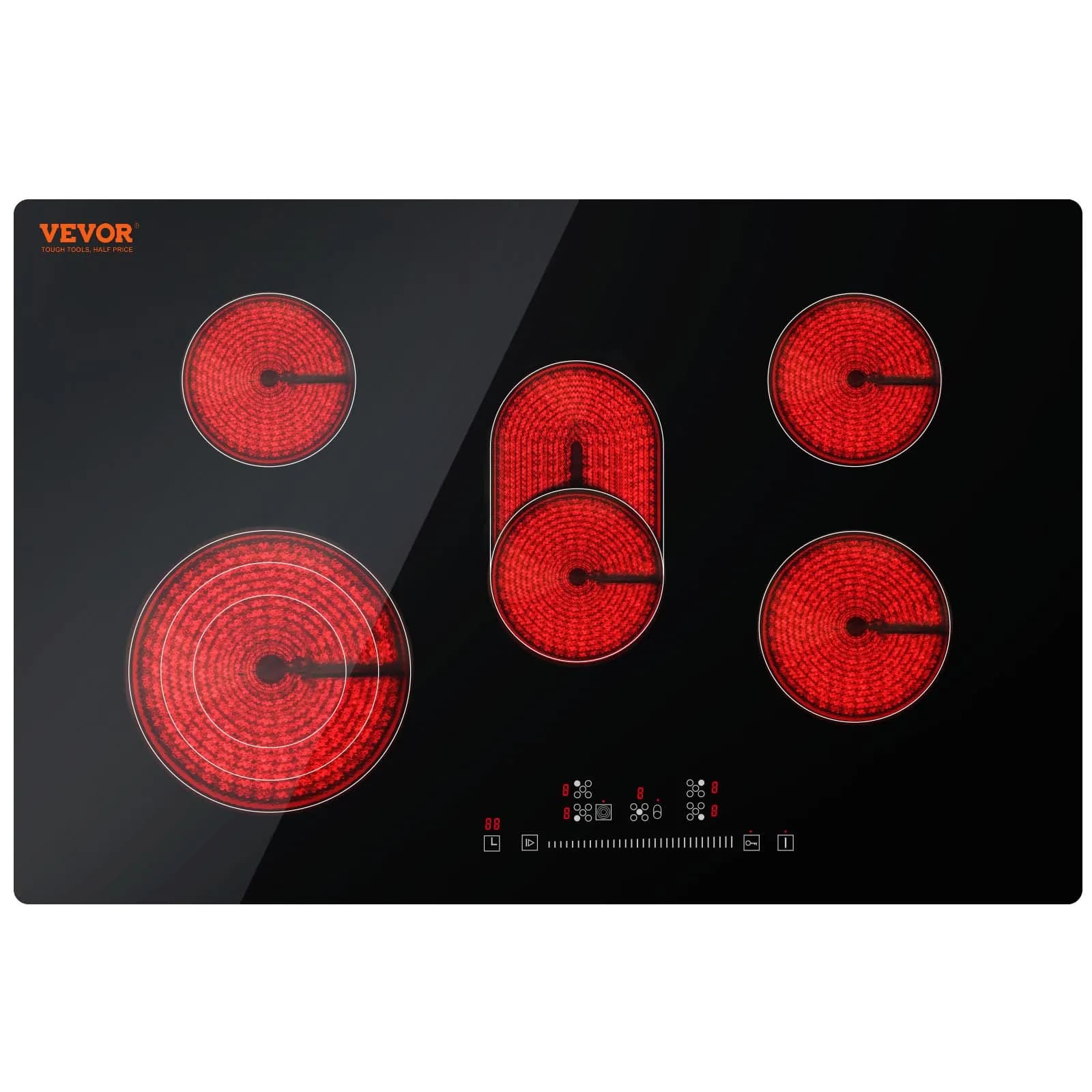 VEVOR 30" 4 Burner Built-in Electric Radiant Cooktop 7200W 220-240V | Touch Sensor Ceramic Stove Top with Timer & Child Lock — Black-5 Burner-8600W-220V