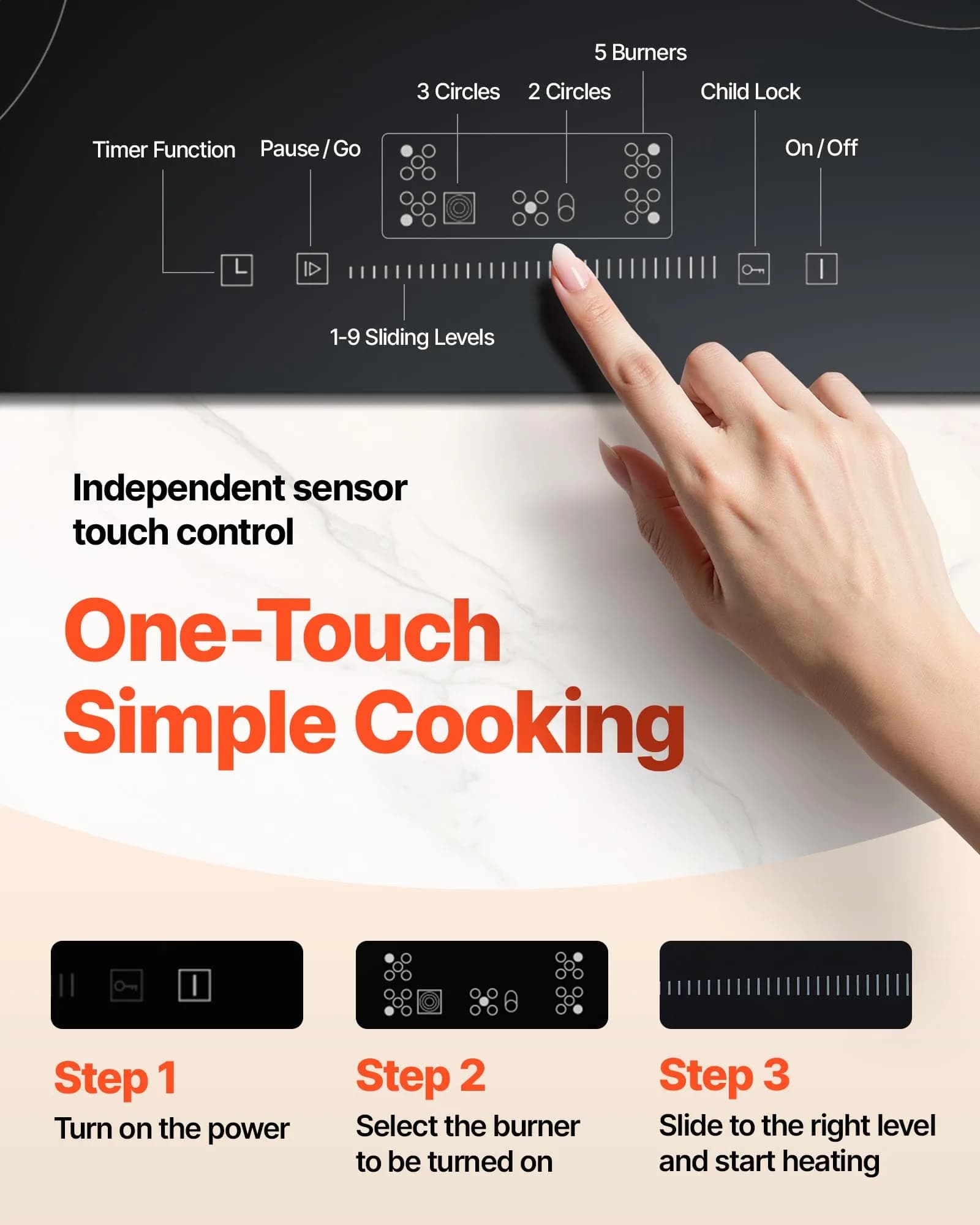 VEVOR 30-inch 5-Burner Electric Cooktop 8600W 220-240V | Radiant Glass Surface with Sensor Touch Controls & Timer - view 5