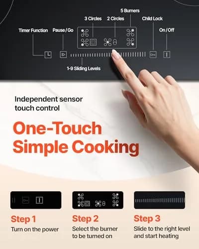 VEVOR 30-inch 5-Burner Electric Cooktop 8600W 220-240V | Radiant Glass Surface with Sensor Touch Controls & Timer thumbnail 5