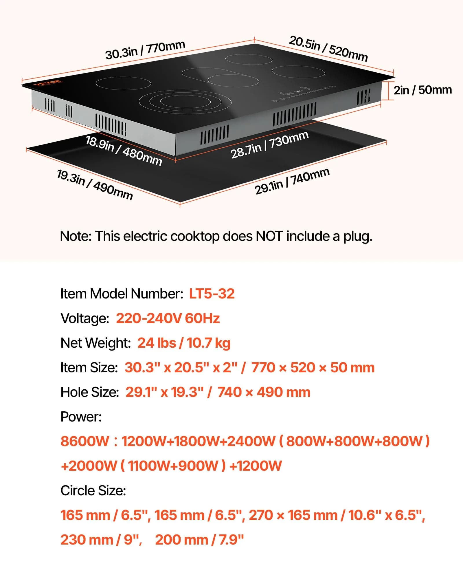 VEVOR 30-inch 5-Burner Electric Cooktop 8600W 220-240V | Radiant Glass Surface with Sensor Touch Controls & Timer - view 7