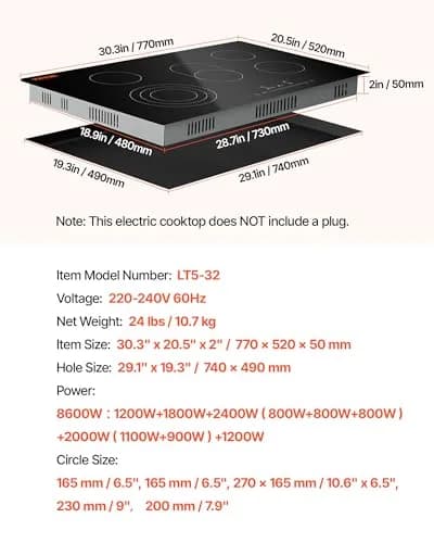 VEVOR 30-inch 5-Burner Electric Cooktop 8600W 220-240V | Radiant Glass Surface with Sensor Touch Controls & Timer thumbnail 7