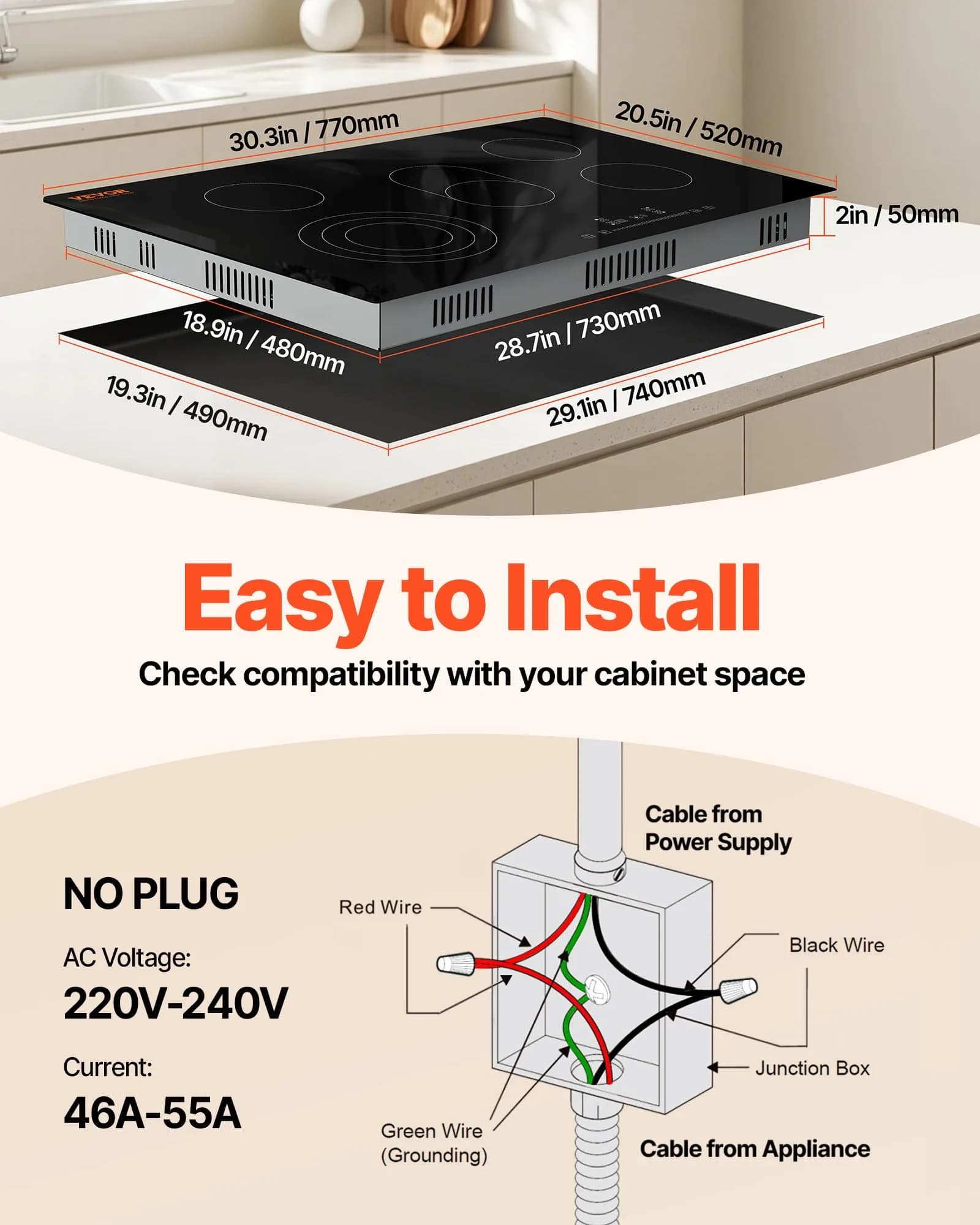 VEVOR 30-inch 5-Burner Electric Cooktop 8600W 220-240V | Radiant Glass Surface with Sensor Touch Controls & Timer - view 2