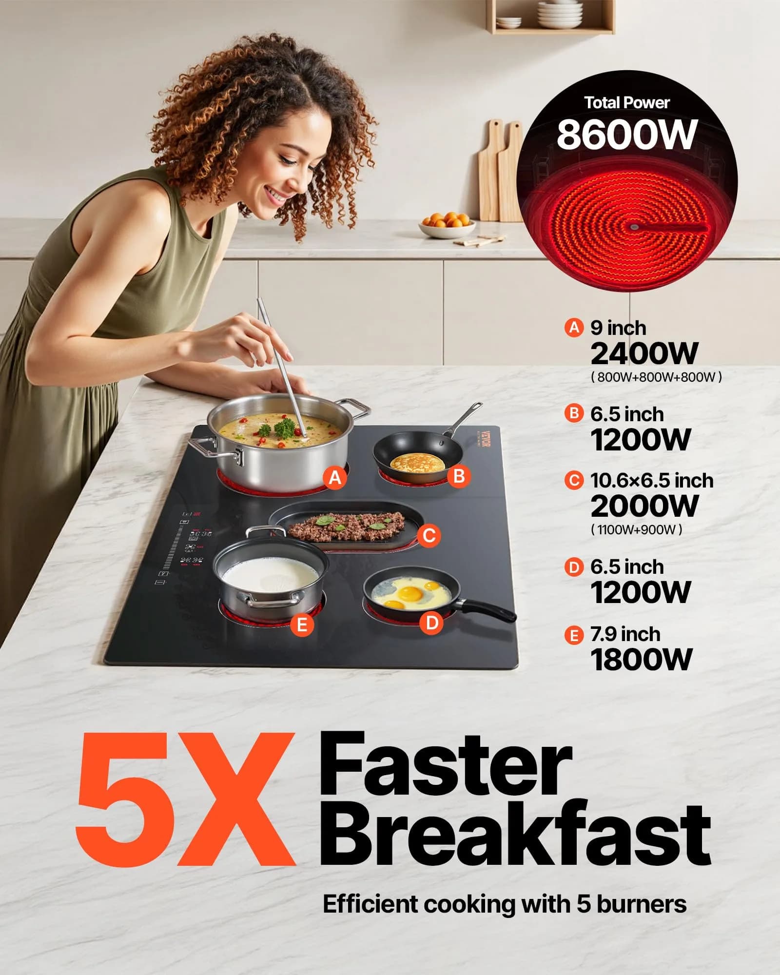 VEVOR 30-inch 5-Burner Electric Cooktop 8600W 220-240V | Radiant Glass Surface with Sensor Touch Controls & Timer - view 3