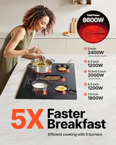VEVOR 30-inch 5-Burner Electric Cooktop 8600W 220-240V | Radiant Glass Surface with Sensor Touch Controls & Timer thumbnail 3