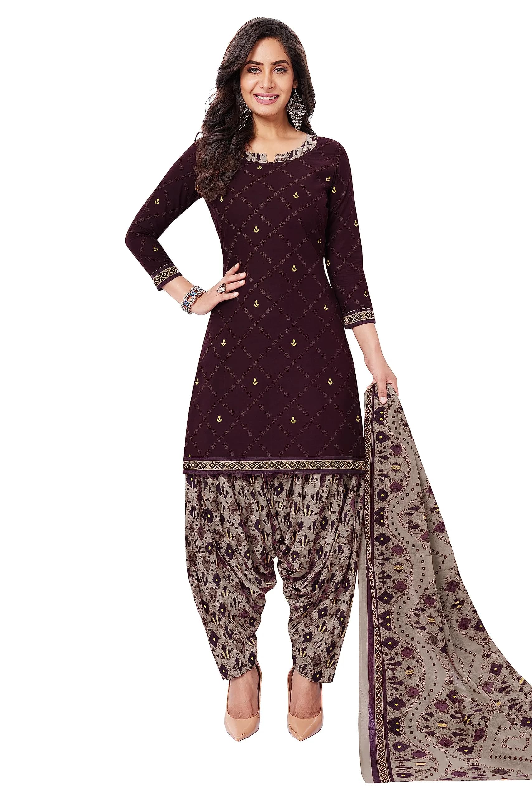 Miraan Cotton Printed Readymade Salwar Suit Set Purple X-Large | Traditional Ethnic Wear for Women