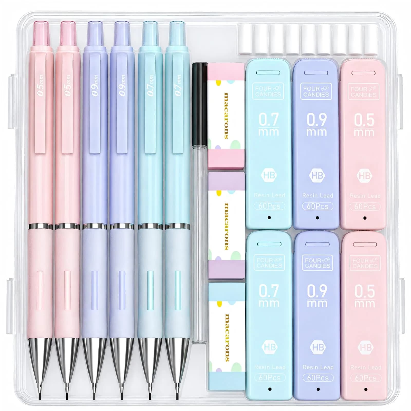 Four Candies Pastel Mechanical Pencil Set with Case, 3 Sizes (0.5mm, 0.7mm, 0.9mm) | 360 Leads, 3 Erasers, 9 Refills - main product image