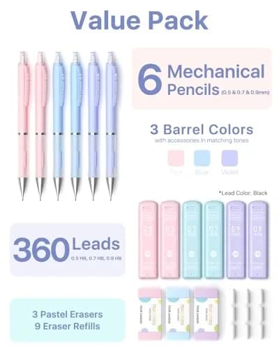 Four Candies Pastel Mechanical Pencil Set with Case, 3 Sizes (0.5mm, 0.7mm, 0.9mm) | 360 Leads, 3 Erasers, 9 Refills thumbnail 6