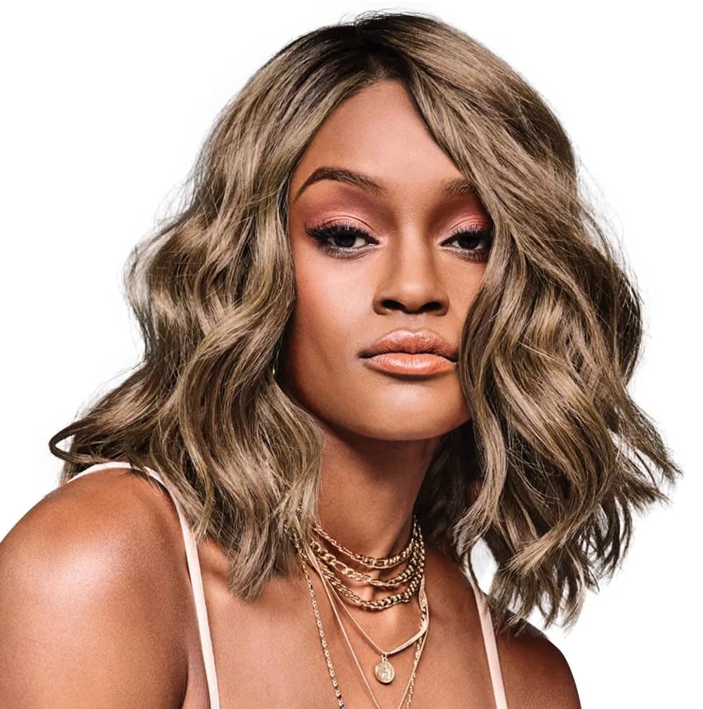 Hair u wear Kim Kimble Jordan Shoulder-Length Wavy Lob Wig with Beachy Texture, Average Cap, MC9/14SS Caramel Latte — MC9/14SS Caramel Latte