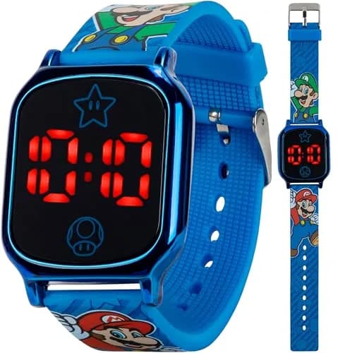 Accutime Super Mario Kids Digital Watch 20mm Blue Silicone Strap | Touch-Activated LED, Fun Mario & Luigi Design (70-120 chars) thumbnail 1