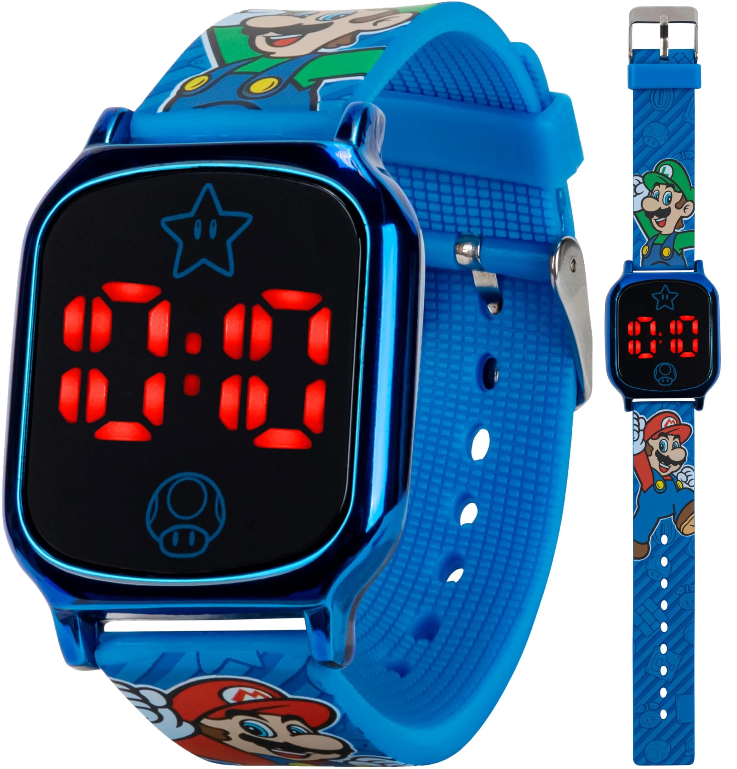Accutime Super Mario Kids Digital Watch 20mm Blue Silicone Strap | Touch-Activated LED, Fun Mario & Luigi Design (70-120 chars) - main product image