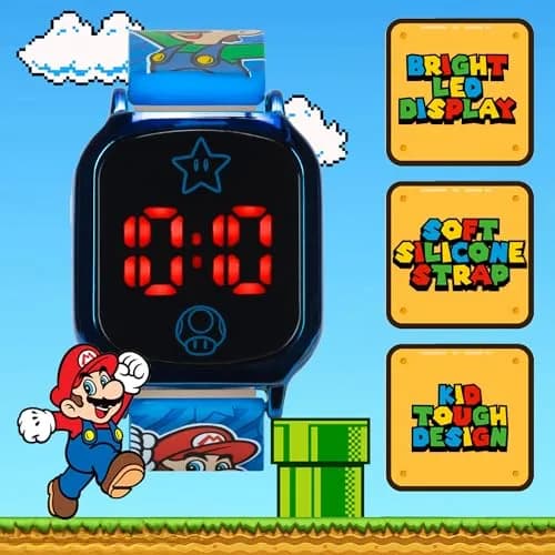 Accutime Super Mario Kids Digital Watch 20mm Blue Silicone Strap | Touch-Activated LED, Fun Mario & Luigi Design (70-120 chars) thumbnail 2