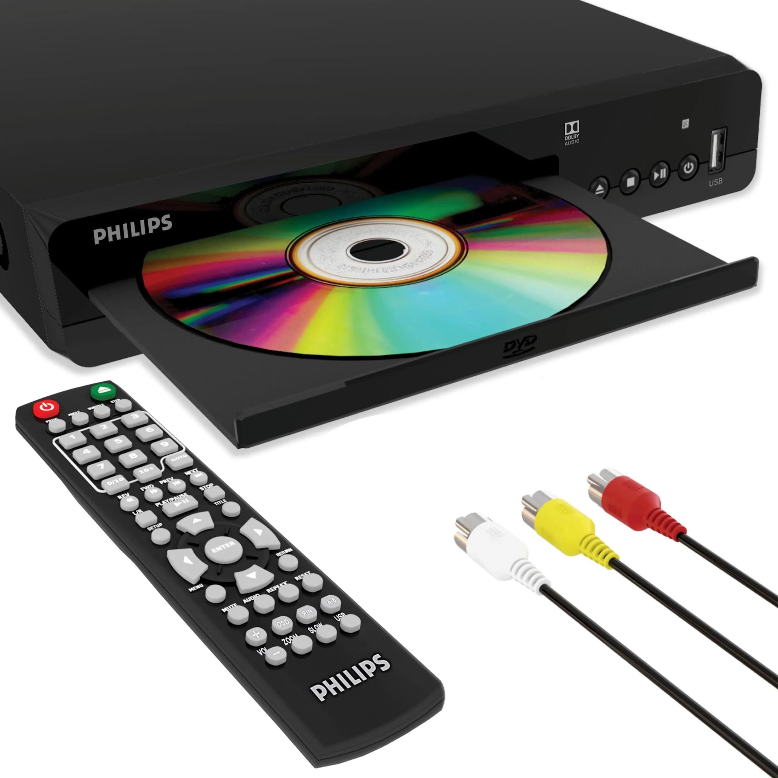 Philips All-Region DVD Player with RCA Cable & Remote | Plays CD, DVD, DVD±R/RW, MP3 (Black) — DVD Player w/remote