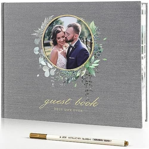 molekaus Wedding Guest Book Hardcover 8" x 10" (20.3 x 25.4 cm) with Photo Frame & Pen | Retro Linen Design for 100+ Guests thumbnail 1
