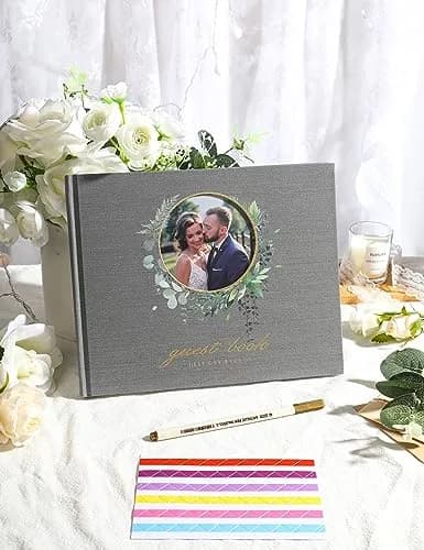 molekaus Wedding Guest Book Hardcover 8" x 10" (20.3 x 25.4 cm) with Photo Frame & Pen | Retro Linen Design for 100+ Guests thumbnail 5