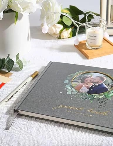 molekaus Wedding Guest Book Hardcover 8" x 10" (20.3 x 25.4 cm) with Photo Frame & Pen | Retro Linen Design for 100+ Guests thumbnail 6