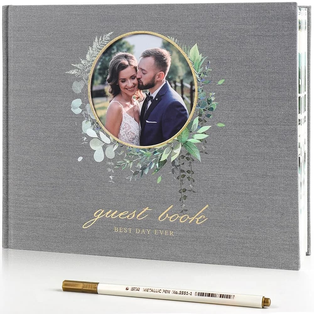 molekaus Wedding Guest Book Hardcover 8" x 10" (20.3 x 25.4 cm) with Photo Frame & Pen | Retro Linen Design for 100+ Guests - main product image