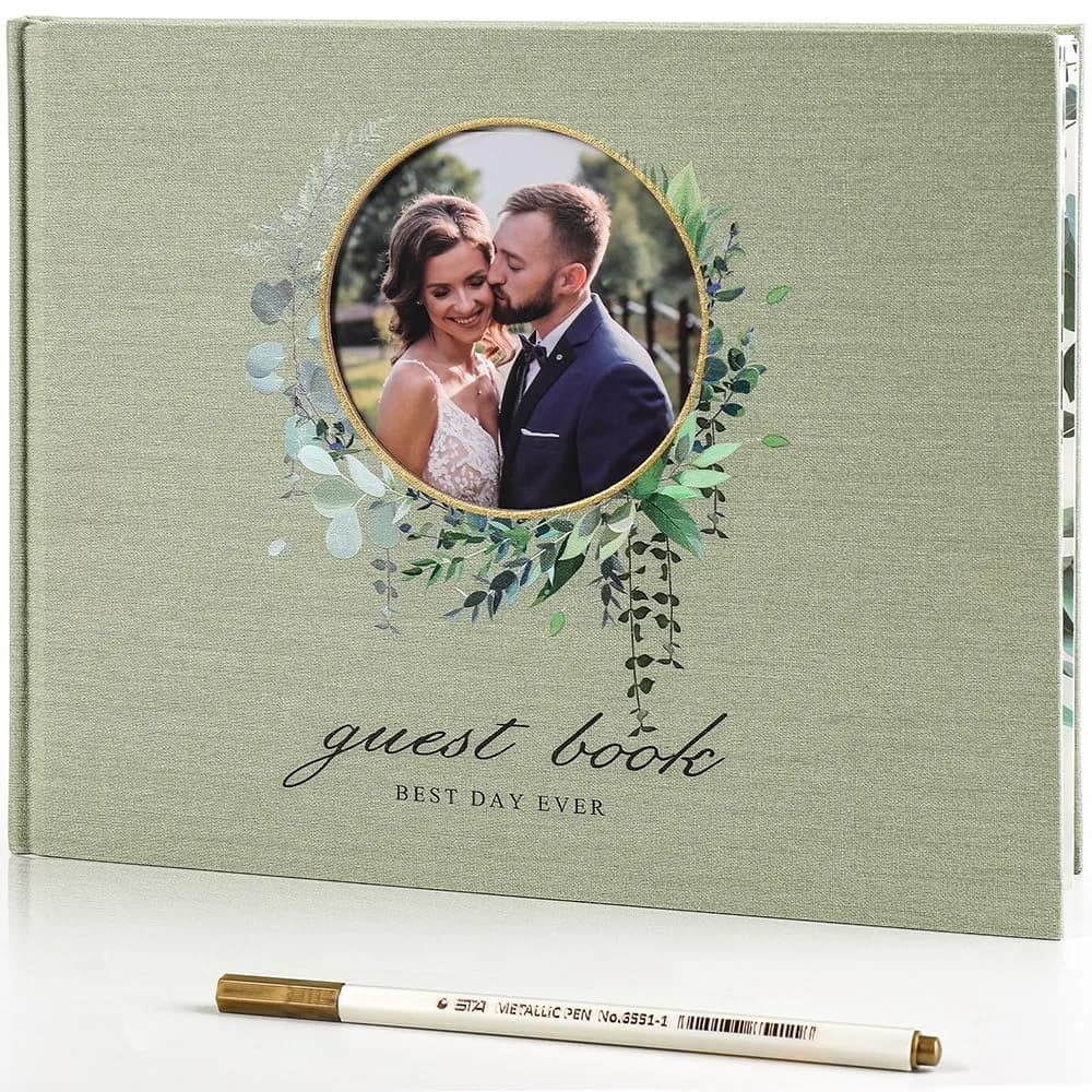 molekaus Wedding Guest Book Hardcover 8" x 10" (20.3 x 25.4 cm) | Photo Frame Cover & 100 Ivory Pages — Light Green