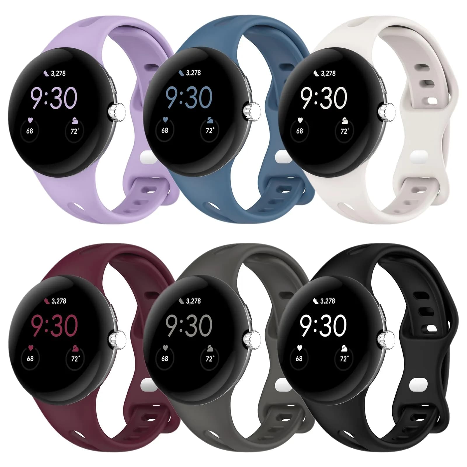 Eiavike Slim Silicone Watch Bands for Google Pixel Watch (41mm) - 6-Color Pack: Lavender, Blue, Starlight, Burgundy, Grey, Black - main product image