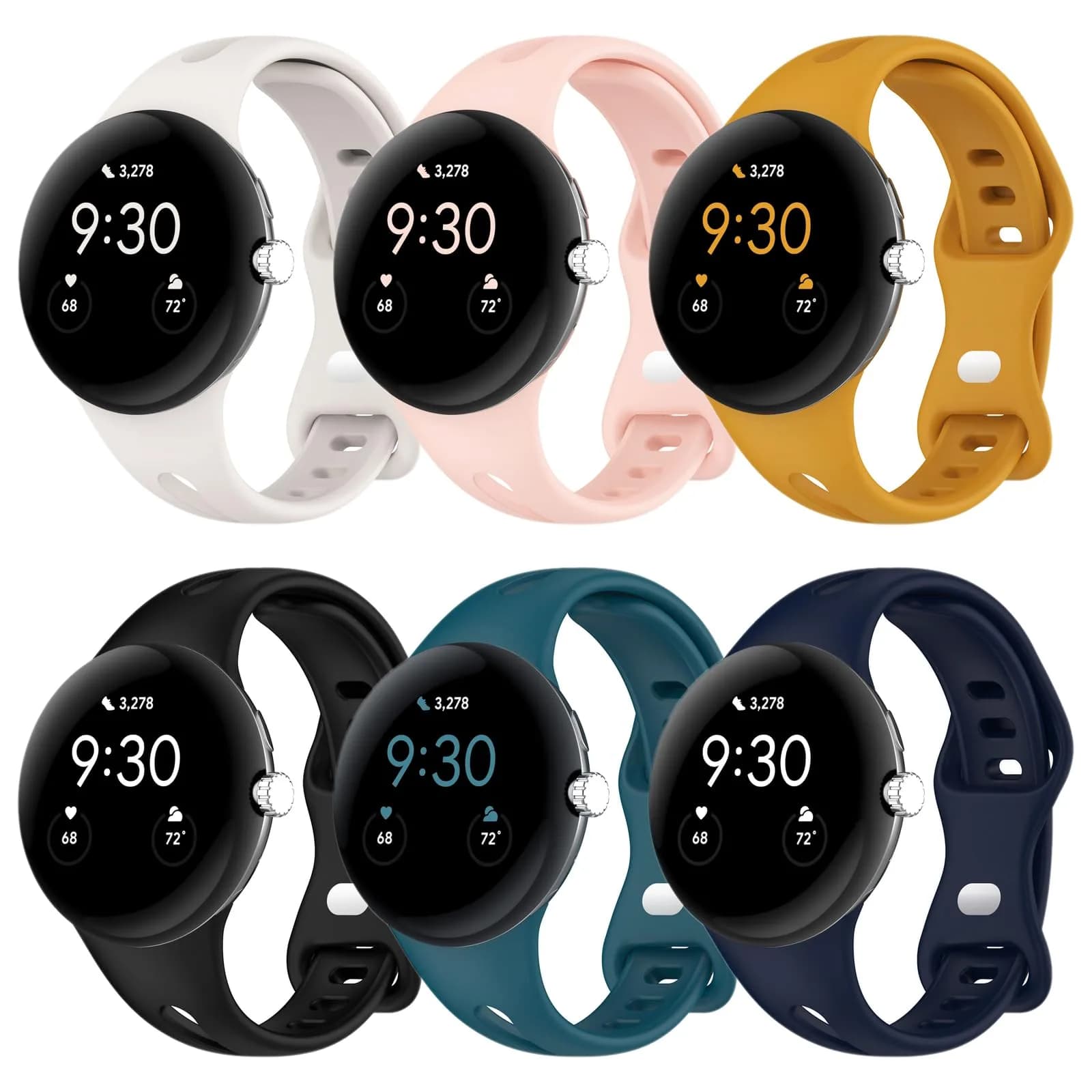 Eiavike 6-Pack Slim Silicone Watch Bands for Google Pixel Watch 4/3/2/1 (41mm) - Starlight, Pink, Yellow, Black, Green, Blue - main product image
