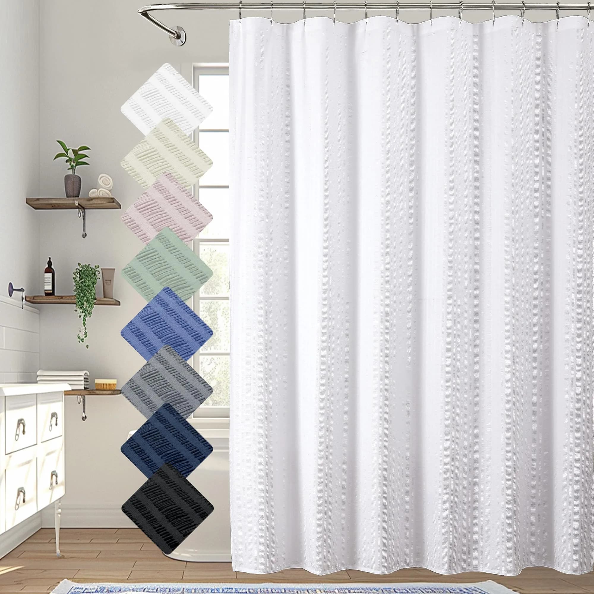 Aiyufeng Extra Long White Shower Curtain 96 Inch | Embossed Texture Fabric Bathroom Decor — White / 72"W x 96"L