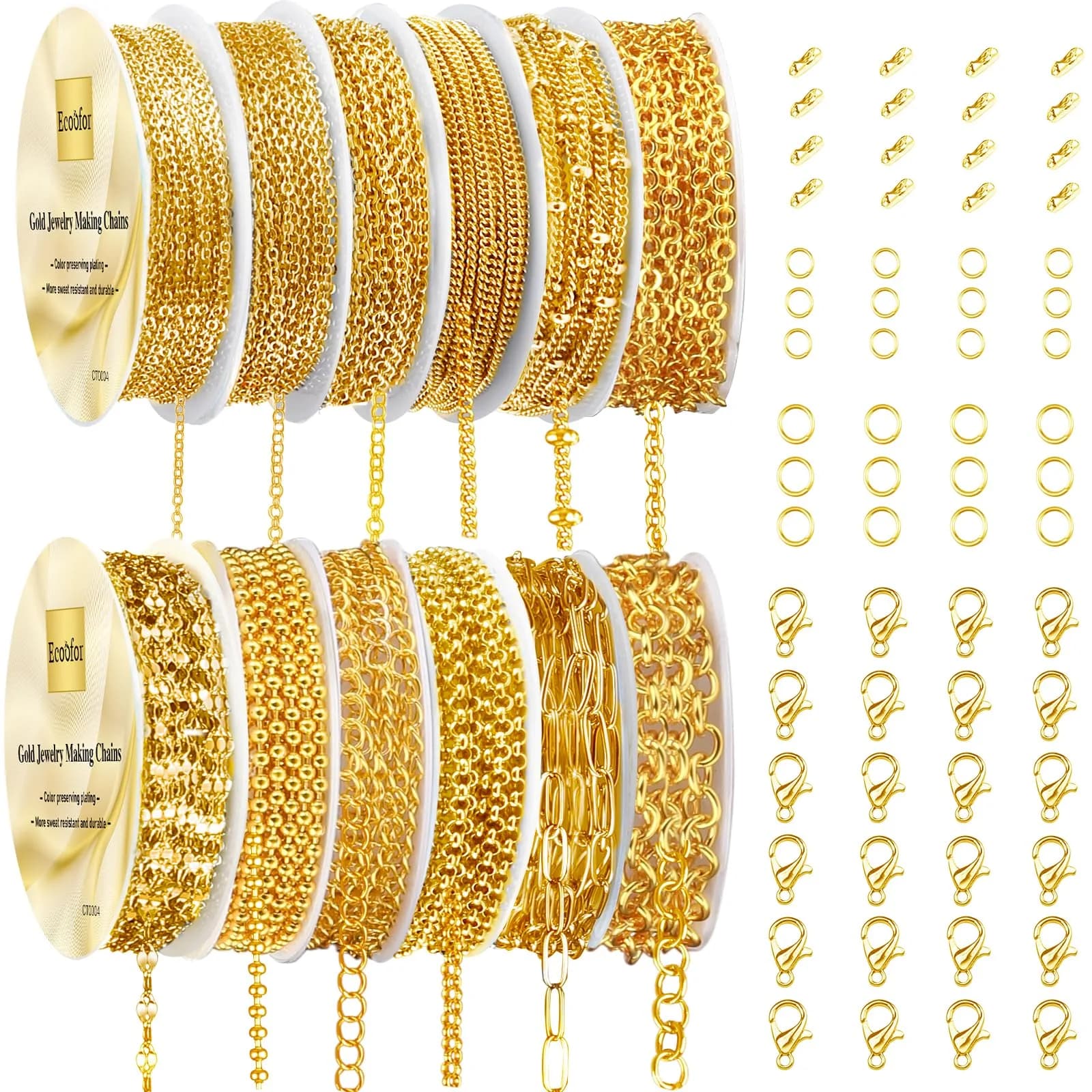Ecoofor Gold Necklace Chains for Jewelry Making, 95.1 ft (28.98 m) 12 Rolls with Jump Rings & Clasps | DIY Jewelry Craft Kit
