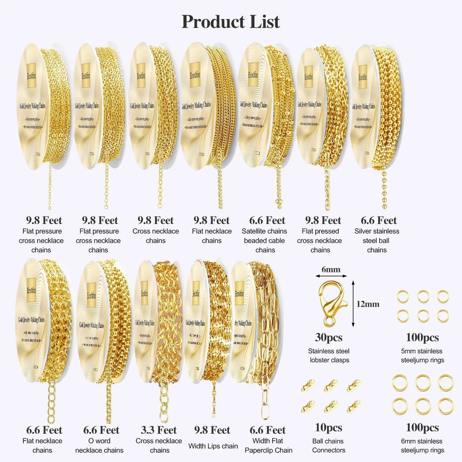 Ecoofor Gold Necklace Chains for Jewelry Making, 95.1 ft (28.98 m) 12 Rolls with Jump Rings & Clasps | DIY Jewelry Craft Kit - view 3