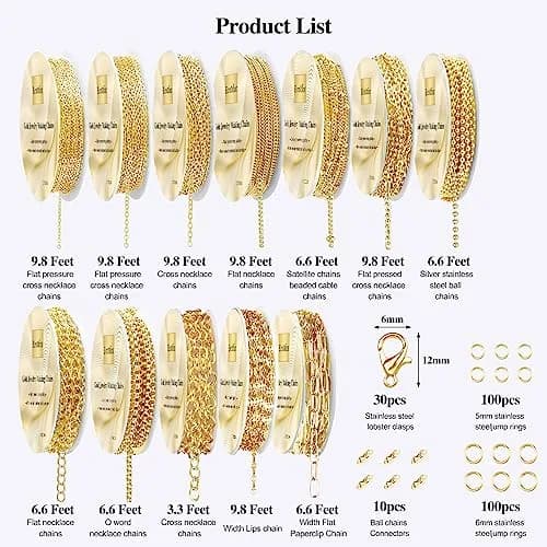 Ecoofor Gold Necklace Chains for Jewelry Making, 95.1 ft (28.98 m) 12 Rolls with Jump Rings & Clasps | DIY Jewelry Craft Kit thumbnail 3
