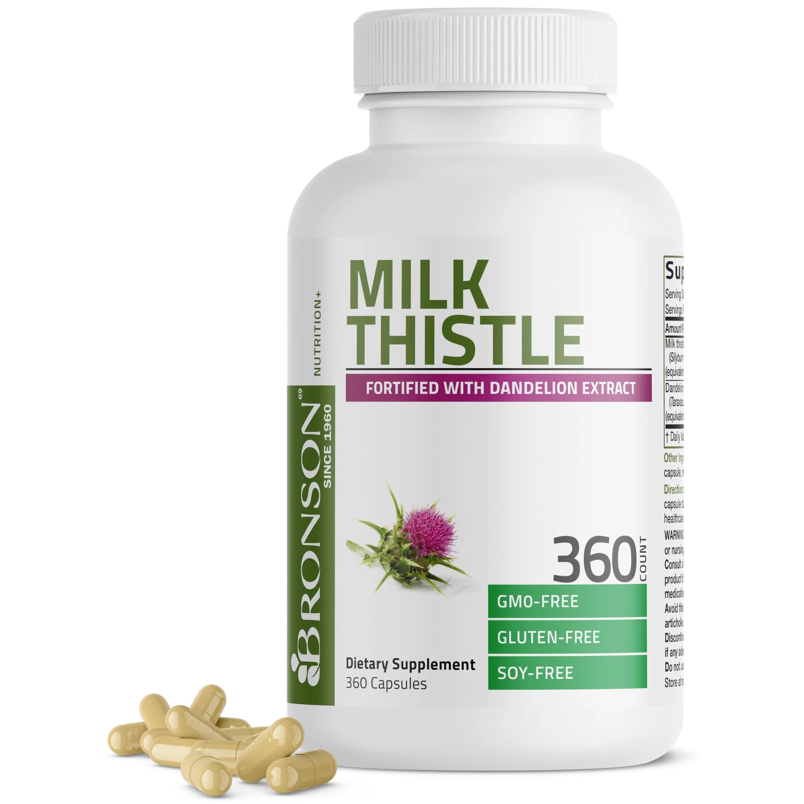 Bronson Milk Thistle Silymarin Marianum & Dandelion Extract 360 Capsules | Liver Support & Detox — Capsule