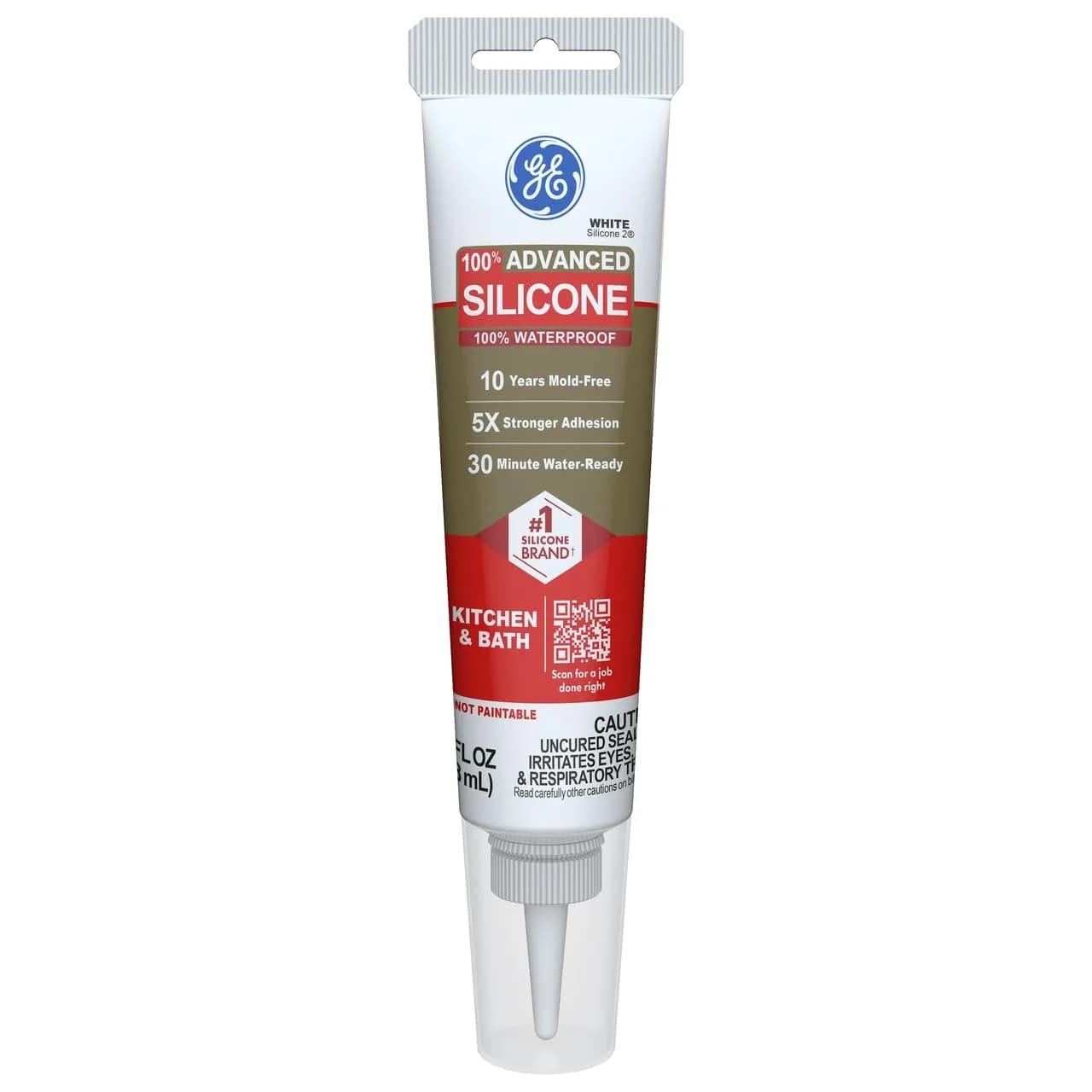 GE Advanced Silicone Caulk for Kitchen & Bathroom, Clear, 2.8 fl oz (83 ml) Tube, 12 Pack | 100% Waterproof Silicone Sealant — White