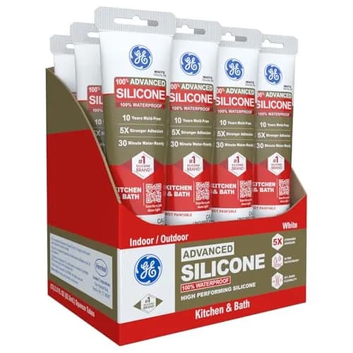 GE Advanced Silicone Caulk for Kitchen & Bathroom, White, 2.8 fl oz (79 ml) Tube, 12 Pack | 100% Waterproof Sealant thumbnail 1