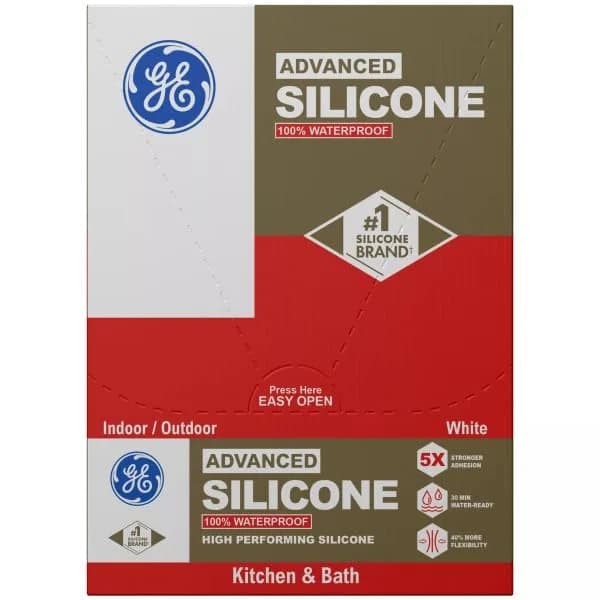 GE Advanced Silicone Caulk for Kitchen & Bathroom, White, 2.8 fl oz (79 ml) Tube, 12 Pack | 100% Waterproof Sealant - view 2
