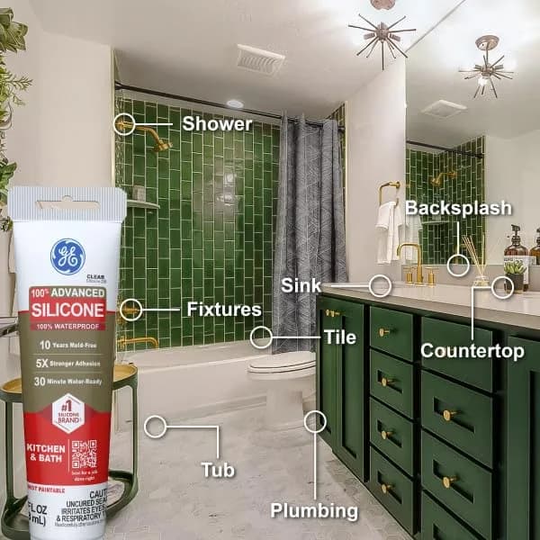 GE Advanced Silicone Caulk for Kitchen & Bathroom, Clear, 2.8 fl oz (83 ml) Tube, 12 Pack | 100% Waterproof Silicone Sealant - view 7