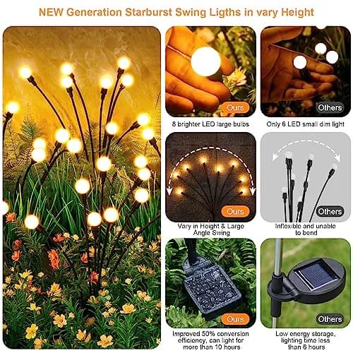 ASMAD Solar Lights Outdoor 6 Pack-48 LEDs | Flexible Firefly Garden Decor with IP65 Waterproof (2.27kg, 48 LEDs, Warm White) thumbnail 2