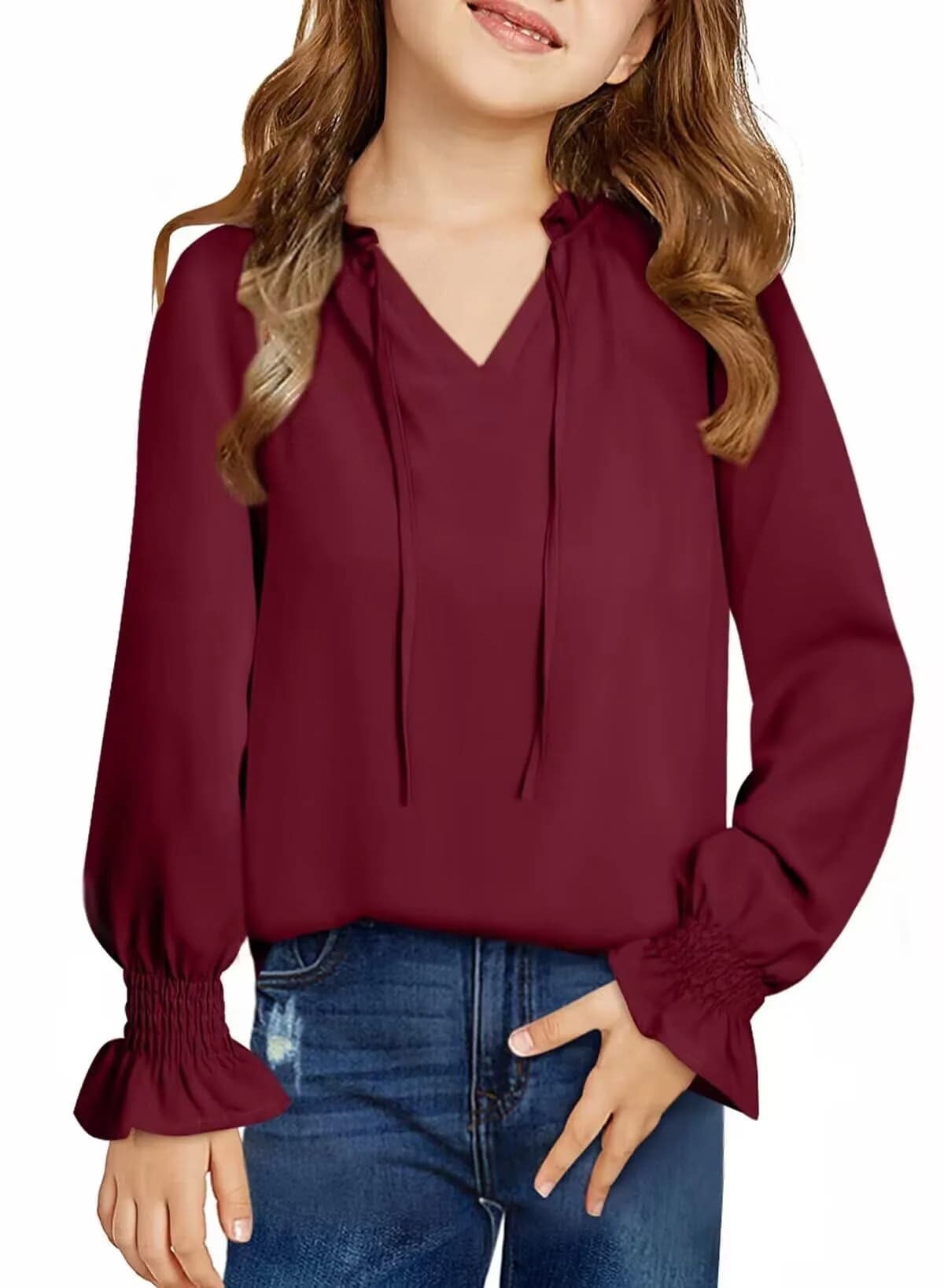 DOKOTOO KIDS Girls Chiffon Tops Casual Puff Long Sleeve Drawstring V Neck Blouse Shirts Red 10-11 Years | Lightweight & Stylish