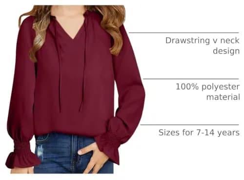 DOKOTOO KIDS Girls Chiffon Tops Casual Puff Long Sleeve Drawstring V Neck Blouse Shirts Red 10-11 Years | Lightweight & Stylish thumbnail 4