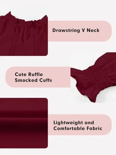 DOKOTOO KIDS Girls Chiffon Tops Casual Puff Long Sleeve Drawstring V Neck Blouse Shirts Red 10-11 Years | Lightweight & Stylish thumbnail 7